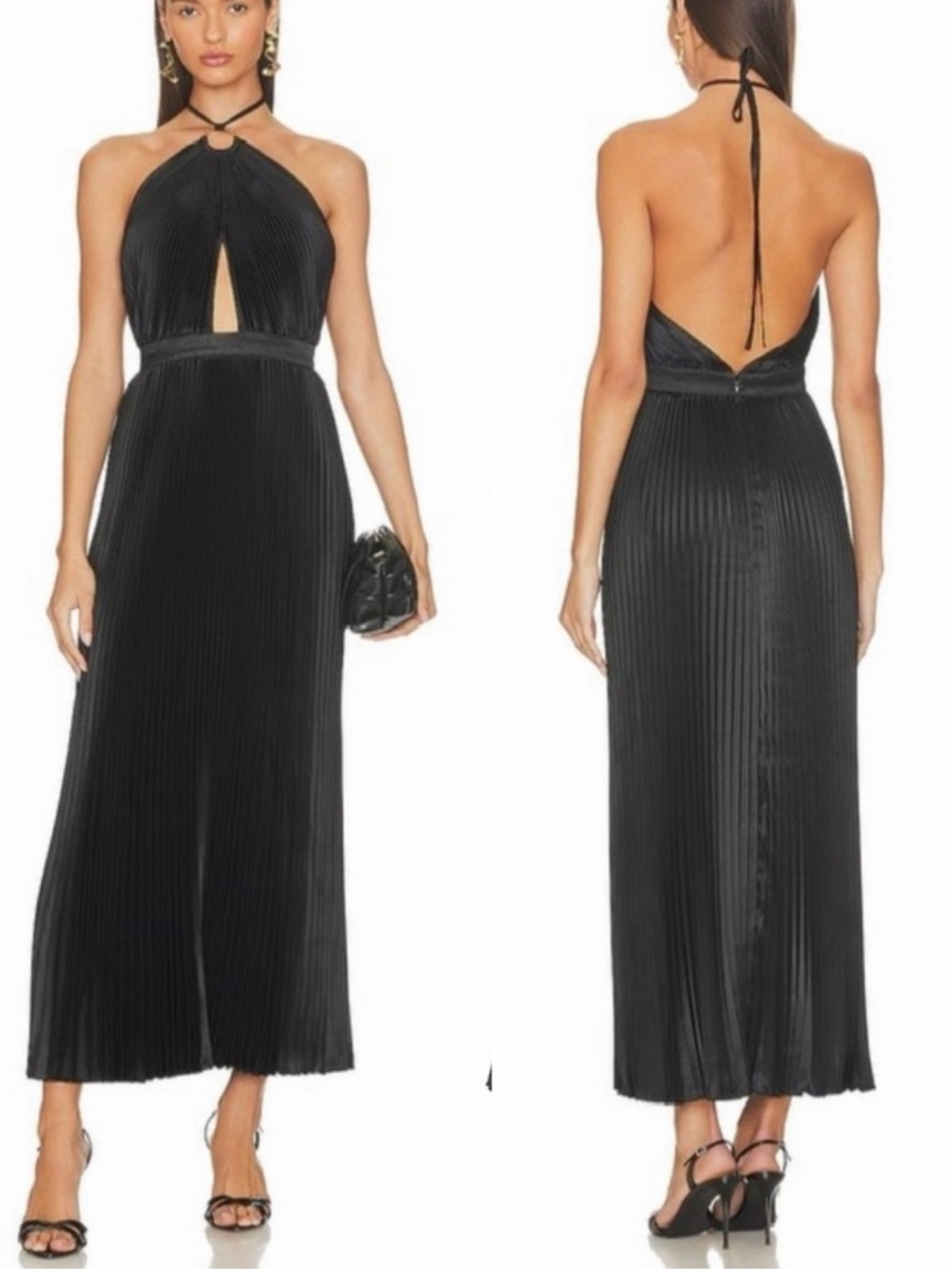 L'ide Reveil A-Line Gown Halter Cut Out Open Back Pleated Black Midi Dress New